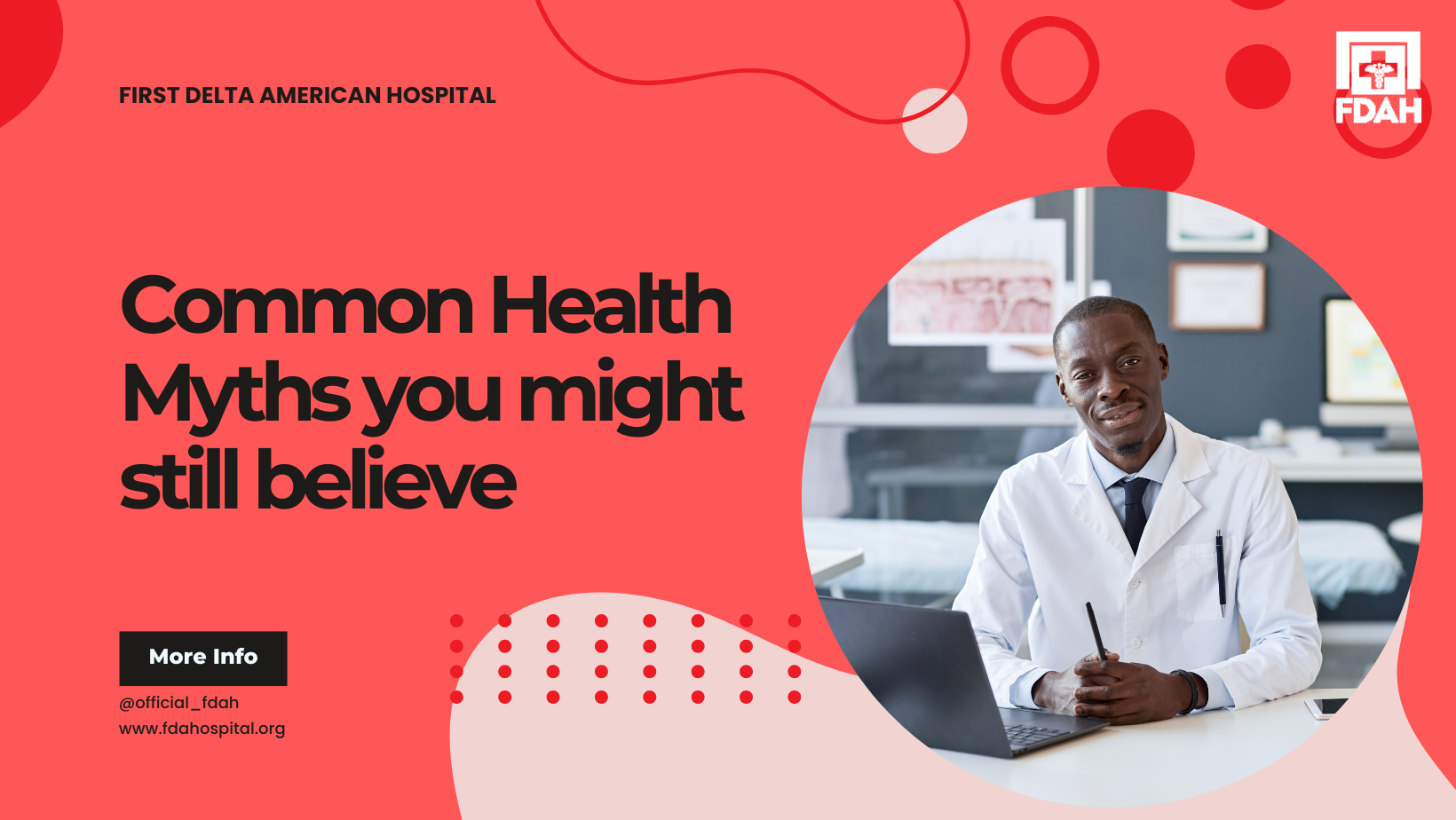 A medical-themed page with a large headline about common health myths, a friendly doctor seated in an office, and light decorative shapes in red tones.