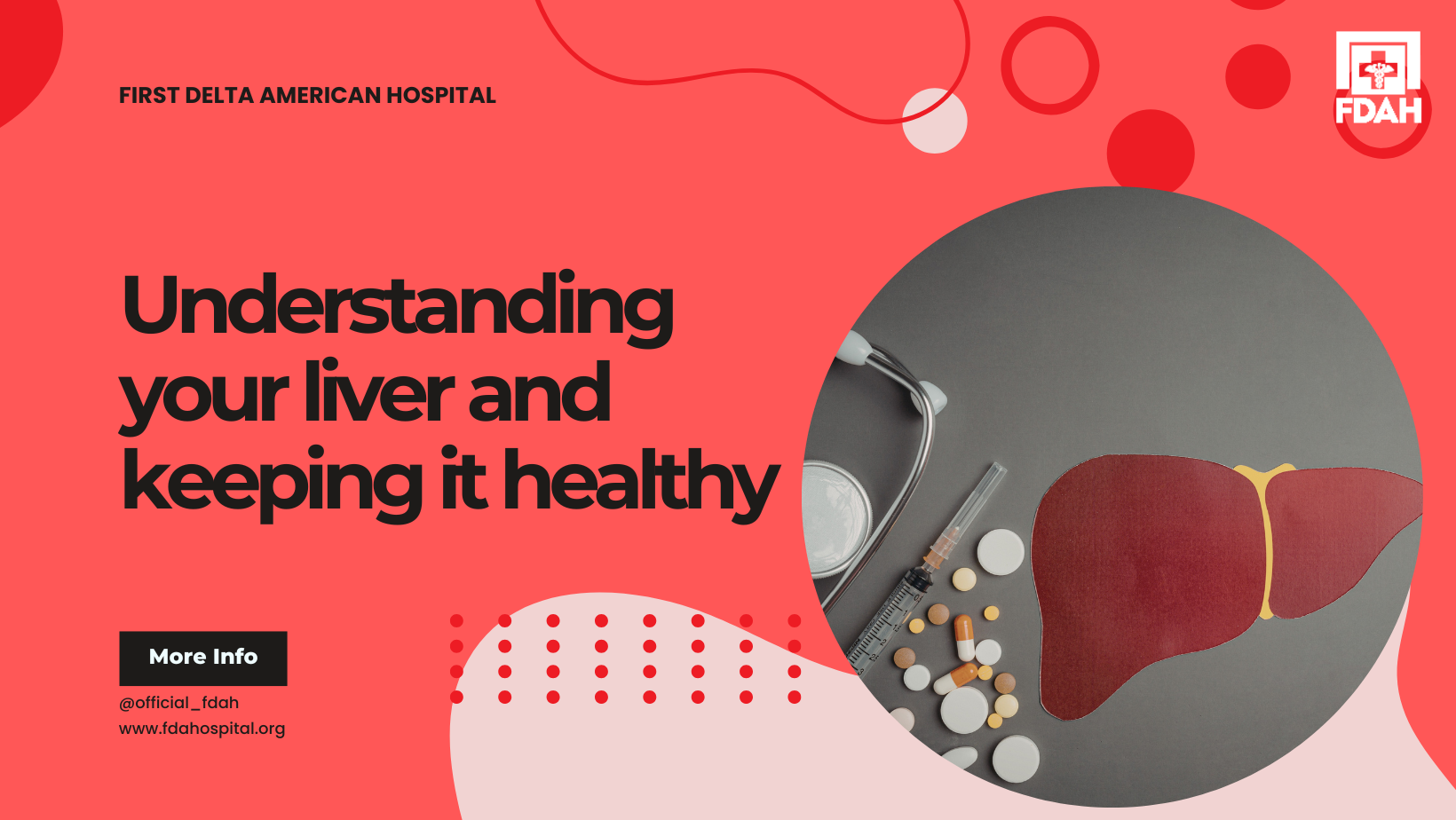 Health awareness graphic featuring the topic of liver care, a circular medical image, and contact details for a hospital.