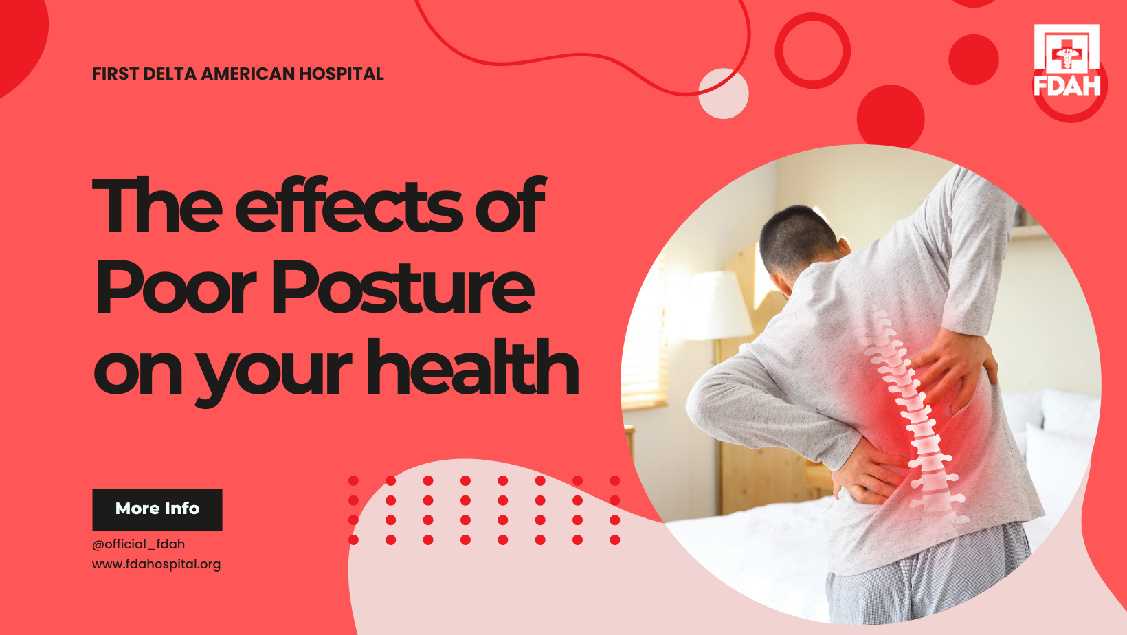 "FDAH social media graphic about the effects of poor posture on your health, featuring a man with back pain and a highlighted spine illustration."