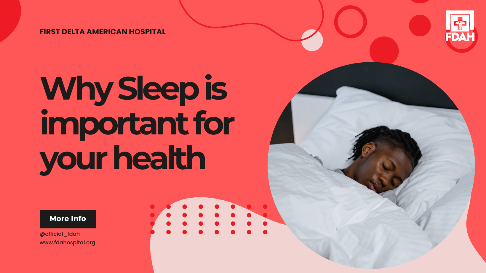 A calm hospital-themed poster with a person sleeping in bed and text explaining why sleep is important for health.