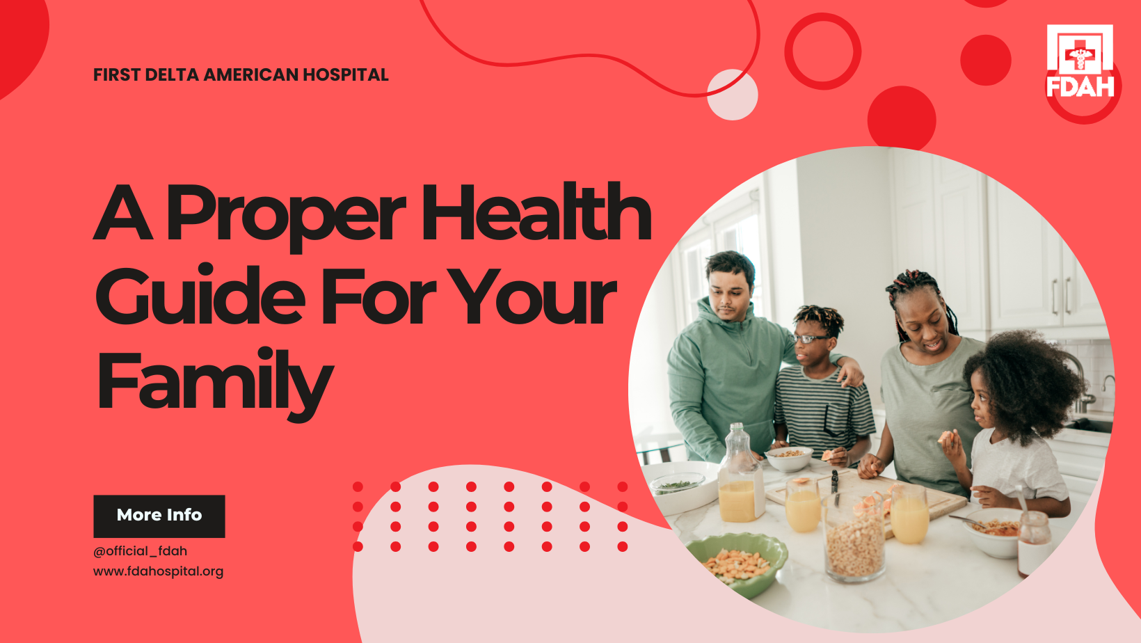 A warm scene of a family cooking together beside bold text promoting a family health guide from a hospital, set on a red background with soft shapes.