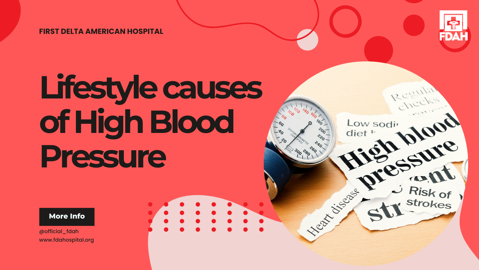 FDAH social media graphic about lifestyle causes of high blood pressure, featuring a blood pressure gauge and newspaper clippings on hypertension."