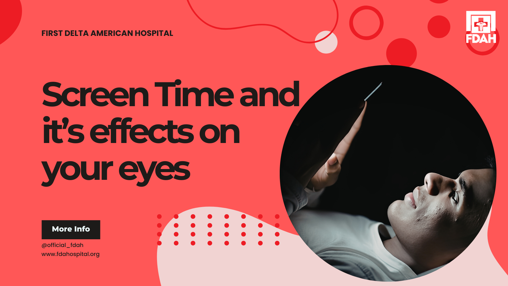 A health awareness graphic showing a person illuminated by a phone screen at night with bold text discussing the effects of screen time on the eyes.