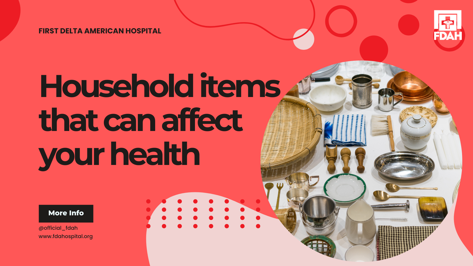 A design with a red background with an image of household items, and the text "household items that can affect your health"